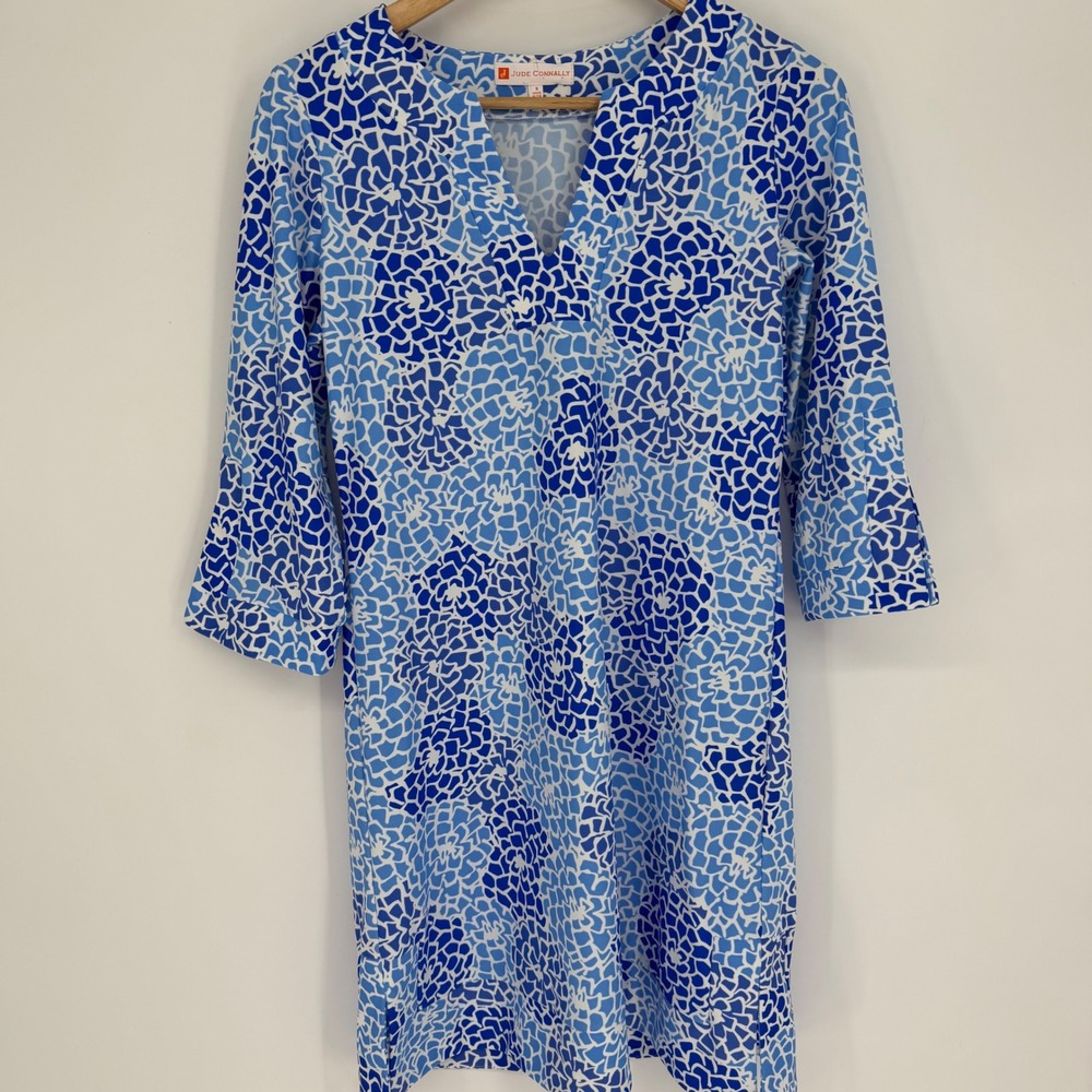 Jude Connally Shift Drsss Blue White Mosaic V-Neck Resortwear 3/4 Sleeve Small